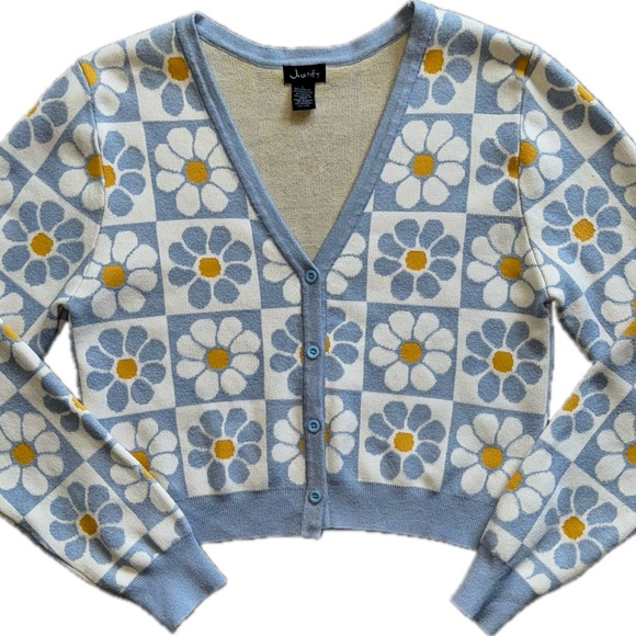Justify Blue and Yellow Floral Grid Pattern Women's Cardigan Sweater Large - Picture 1 of 9